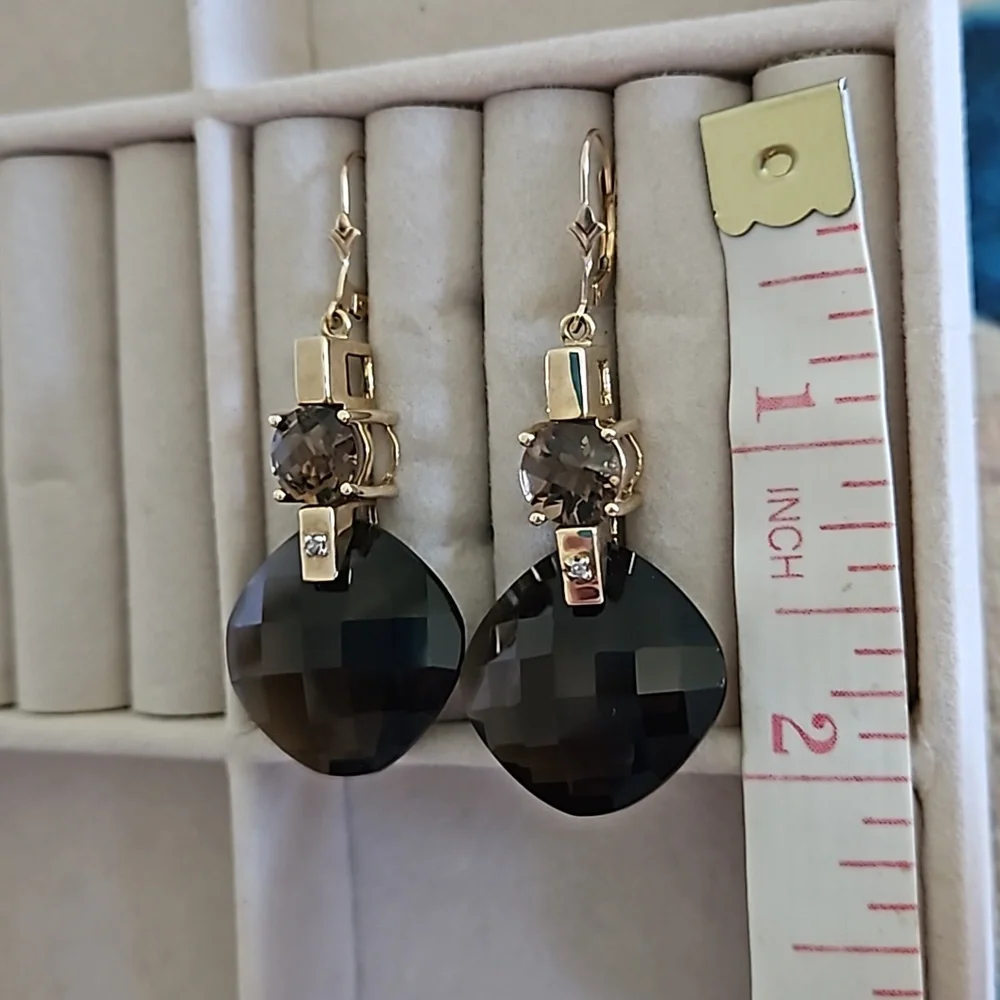 Vintage Smokey Topaz Diamond Accent Gold Drop Earrings - Picture 8 of 8